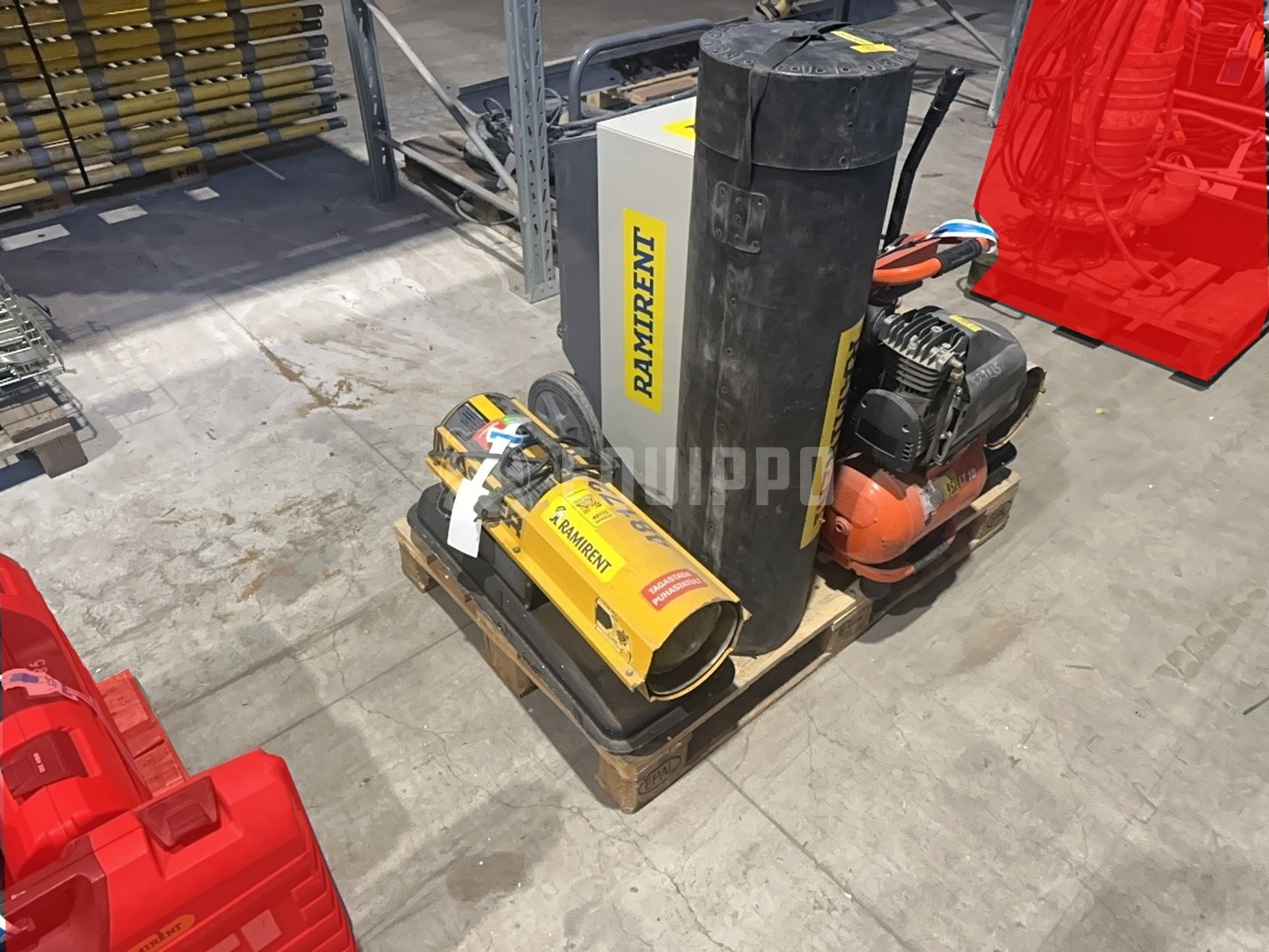 Pallet Construction Site Support Pallet – Heater, Light Mast, Dehumidifier & Compressor - - Maquinaria Pequeña Usada